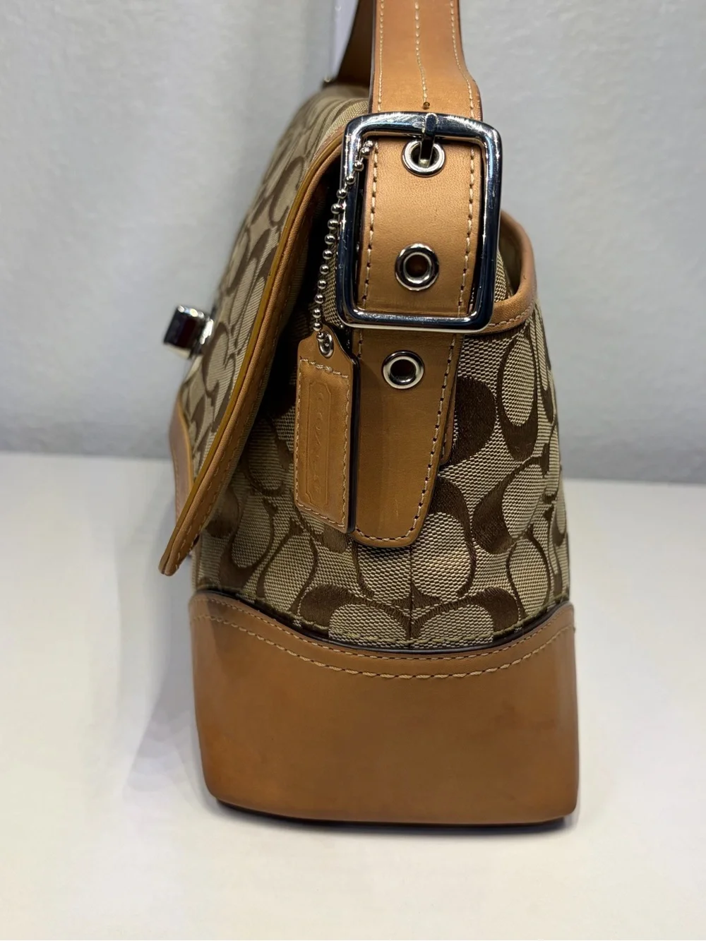 Y2K COACH Signature Jacquard Shoulder/ Crossbody Bag with Khaki/Caramel Trim